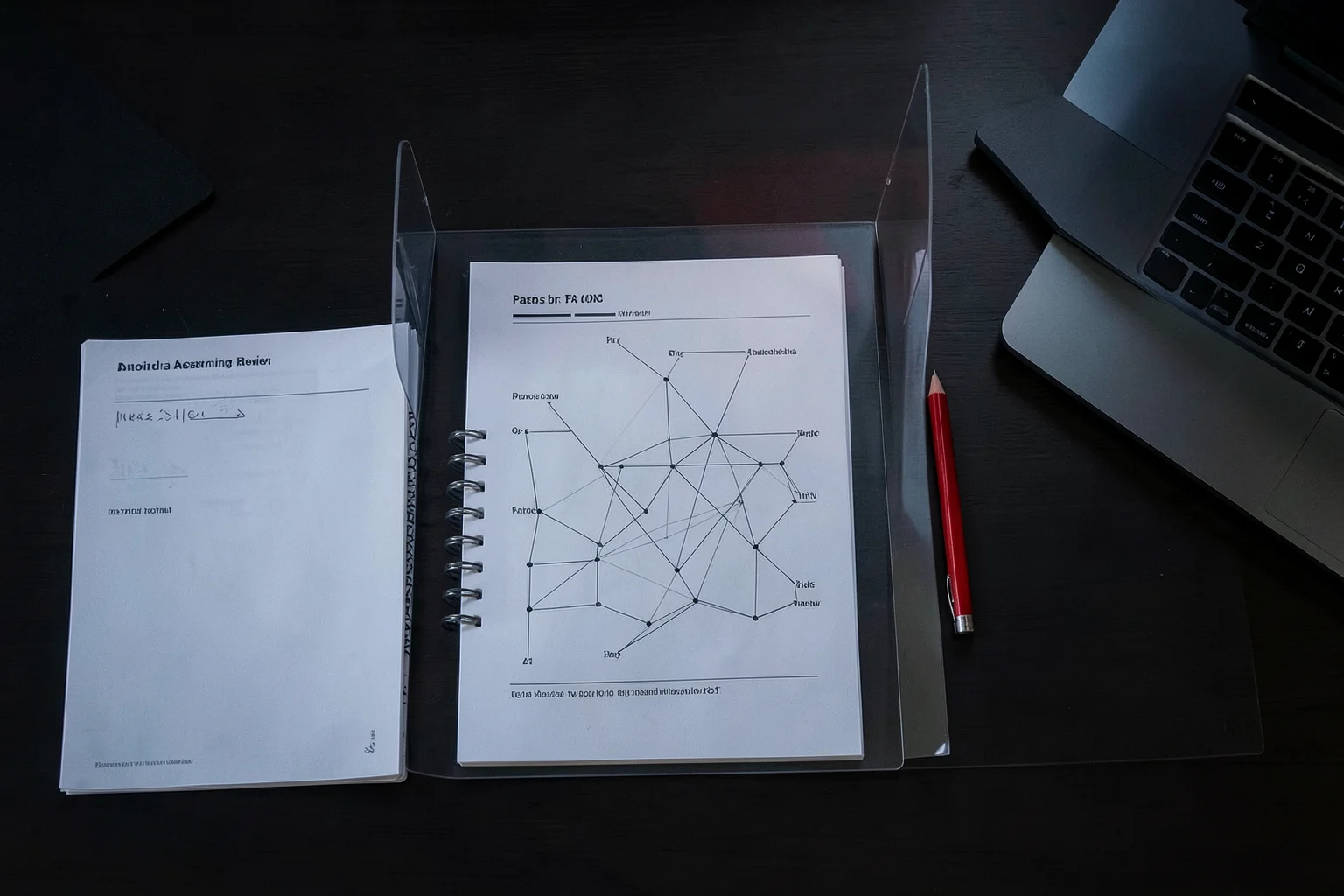 Assessment planning desk with scope diagrams, notes and review documents.