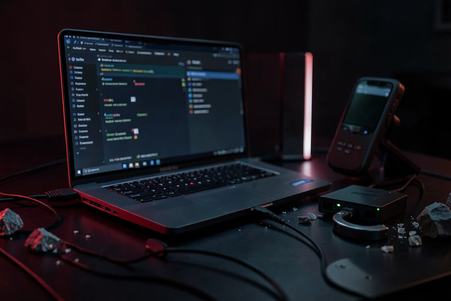Laptop, test device and isolated network equipment on an assessment workbench.