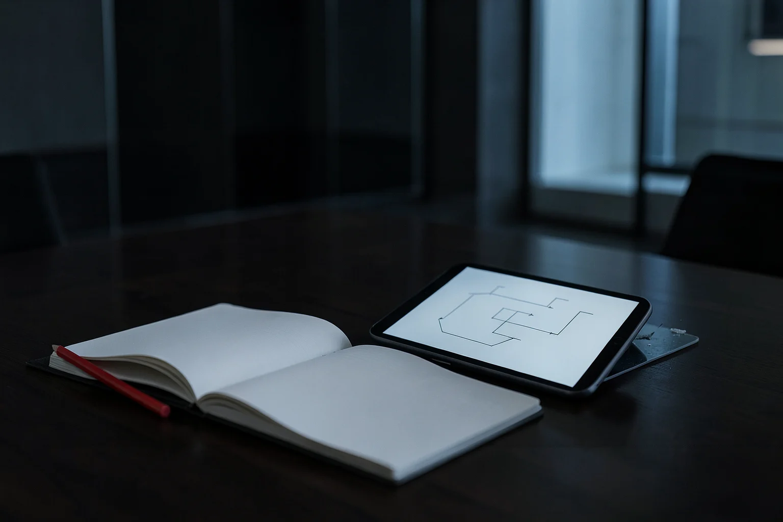Planning notebook and a structured scope form on a meeting table.
